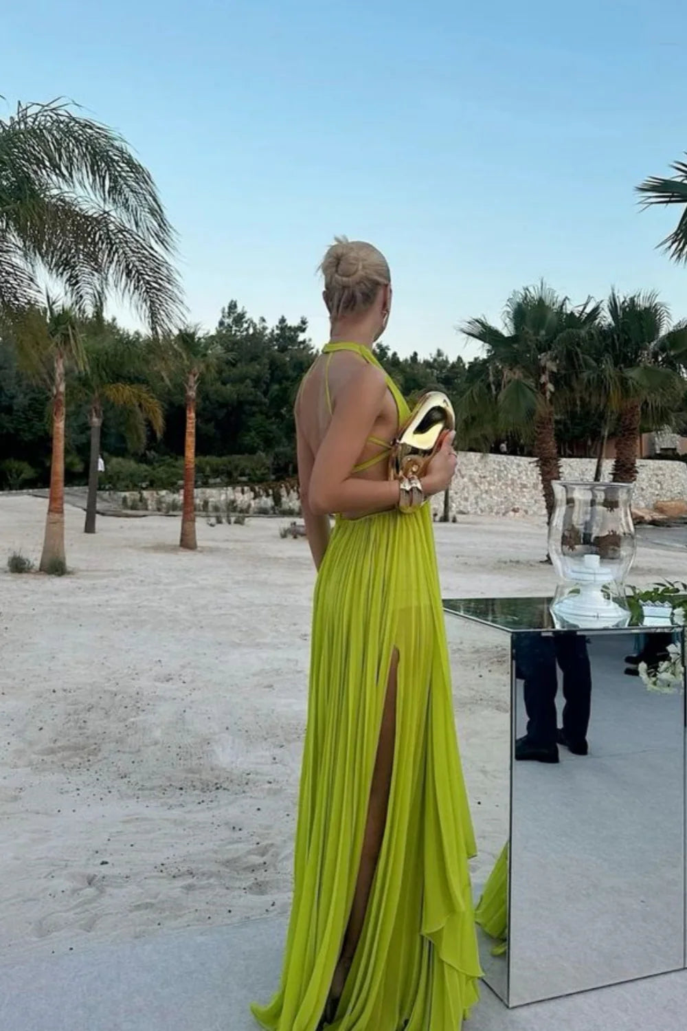 Weitese Dress Yellow Green Fashion Pleated Backless Long Elegant Chiffon Ball Gown Evening Dress Party Prom Dress